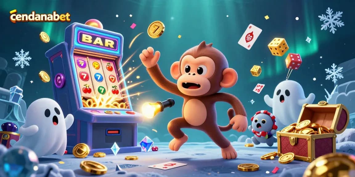 Cendanabet gaming scene with a playful monkey and ghost-hunter puppy amidst a vibrant casino backdrop.