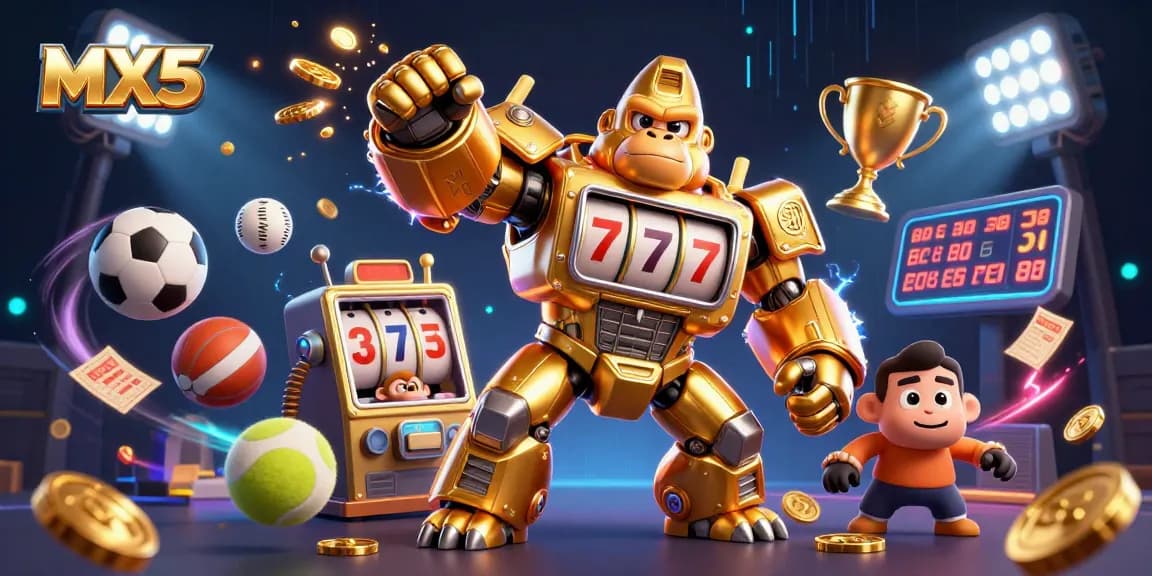 Experience thrilling gameplay with MX5's vibrant casino illustration featuring a golden gorilla mech.