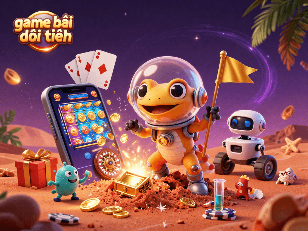Experience game bài đổi thưởng through a Martian gecko exploring a golden casino.