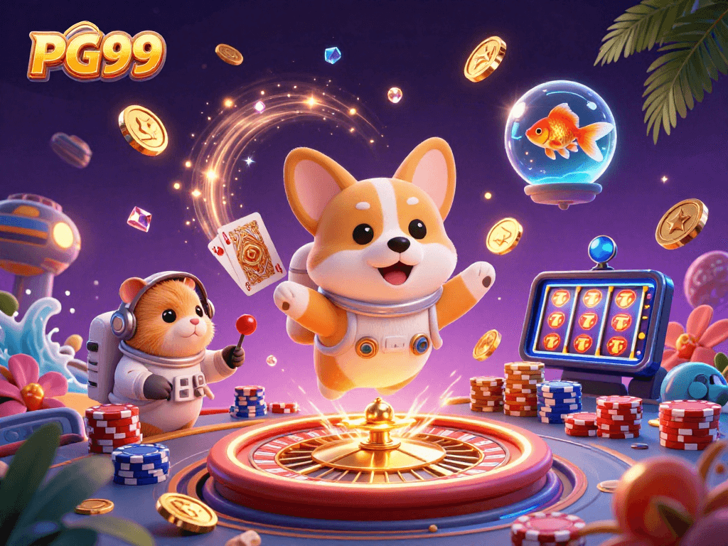 Floating PG99 casino adventure with a corgi, hamster, and goldfish amidst spinning games and golden coins.
