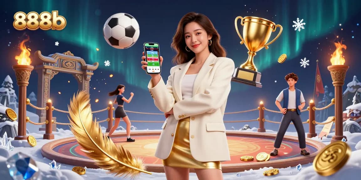 Engage with 888b's captivating sports betting scene showcasing a vibrant Asian woman and dynamic casino elements.