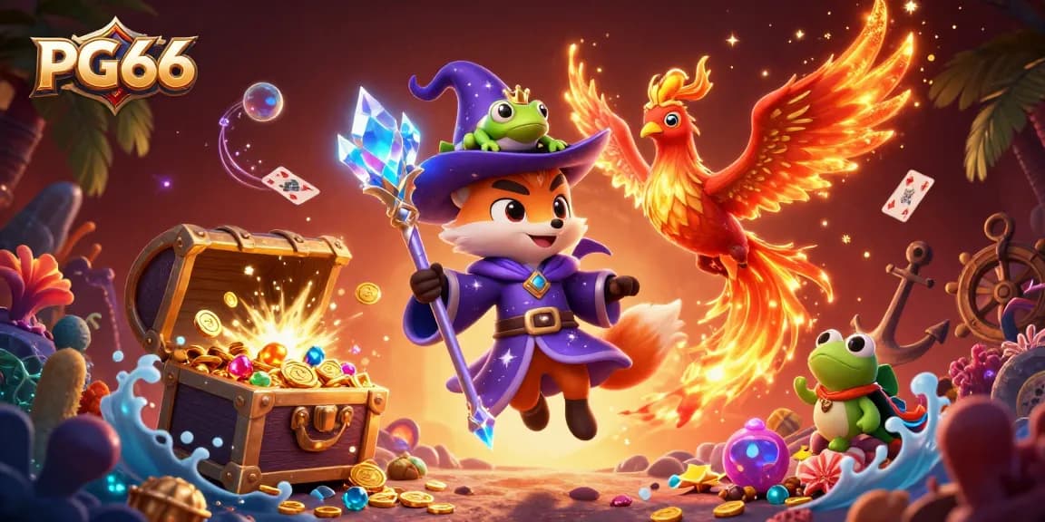 Engage with the PG66 casino experience featuring a wizard fox, phoenix, and enchanted frog in a vibrant gaming scene.