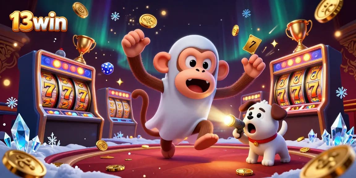 Catch 13win's thrilling moments with a poltergeist monkey and a curious puppy in a vibrant casino.
