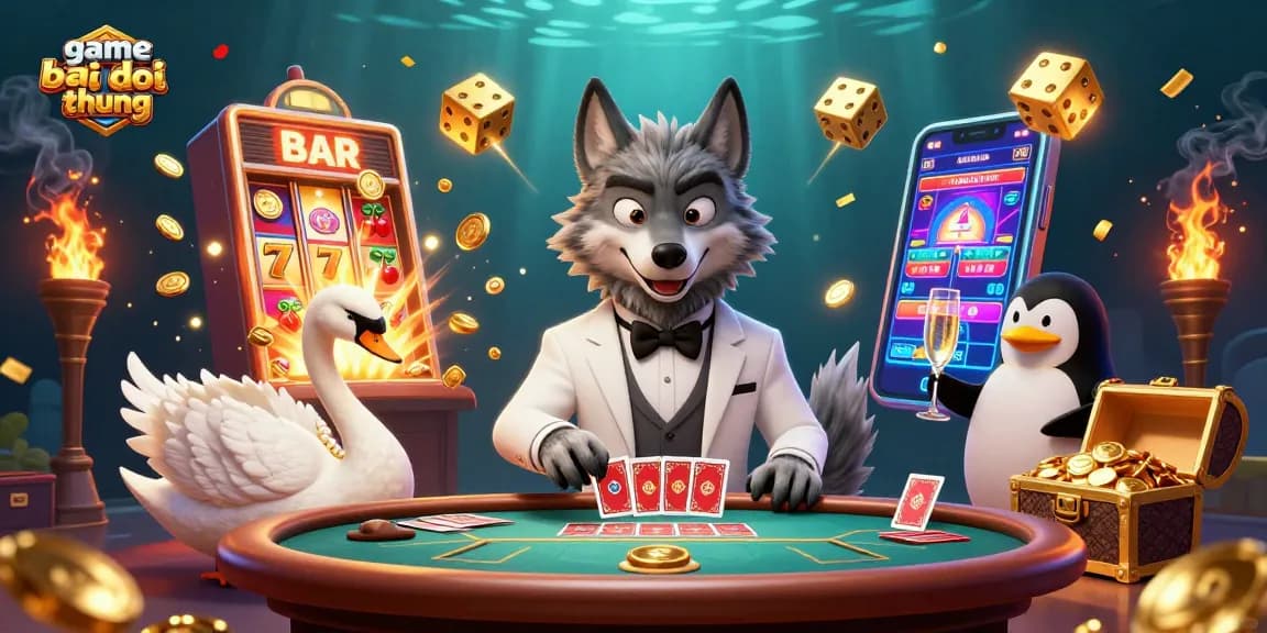 Win in game bai doi thuong with an exciting 3D casino illustration featuring animated characters and vibrant elements.