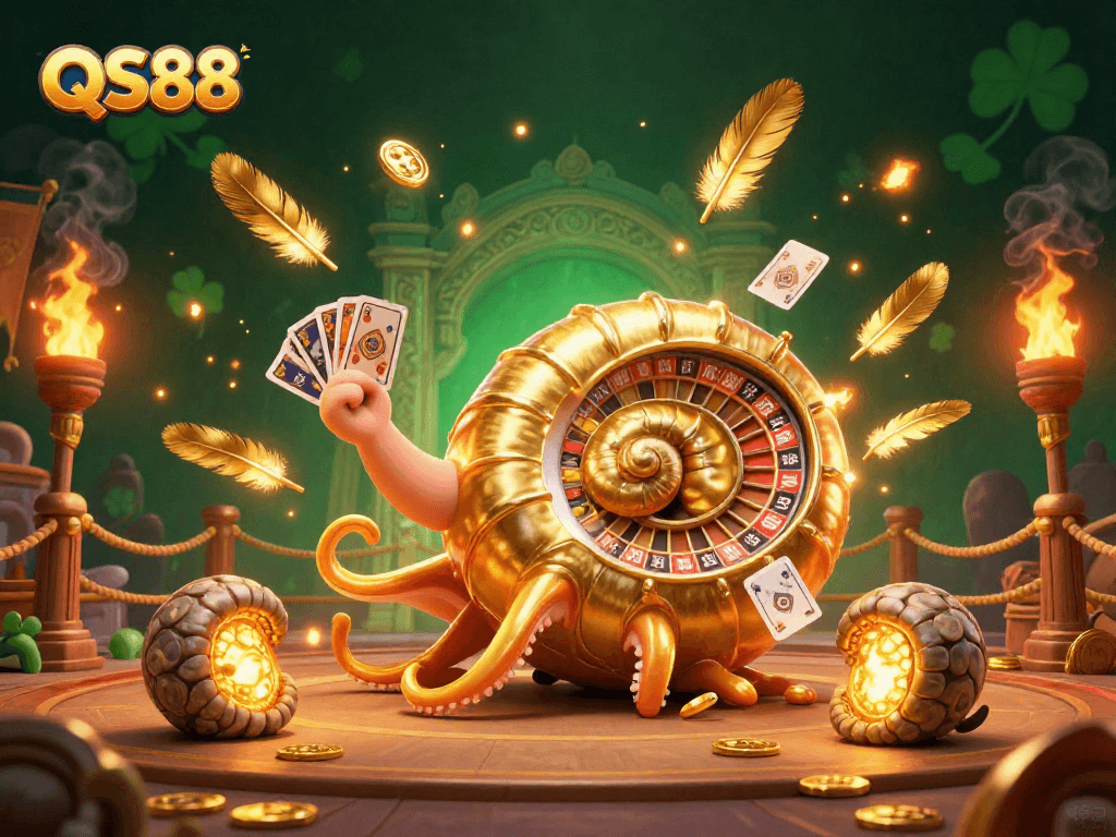 Experience thrilling casino action at QS88 with giant ancient nautilus, roulette elements, and dazzling games.