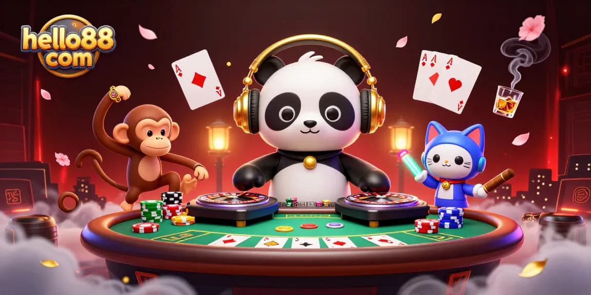 Engage with hello88 com's vibrant casino scene featuring a DJ panda, poker action, and colorful casino elements.