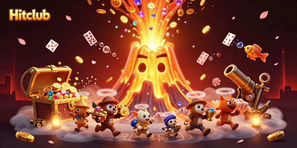 Hitclub showcases a dynamic scene of a golden volcano erupting with treasure, setting a thrilling casino vibe.