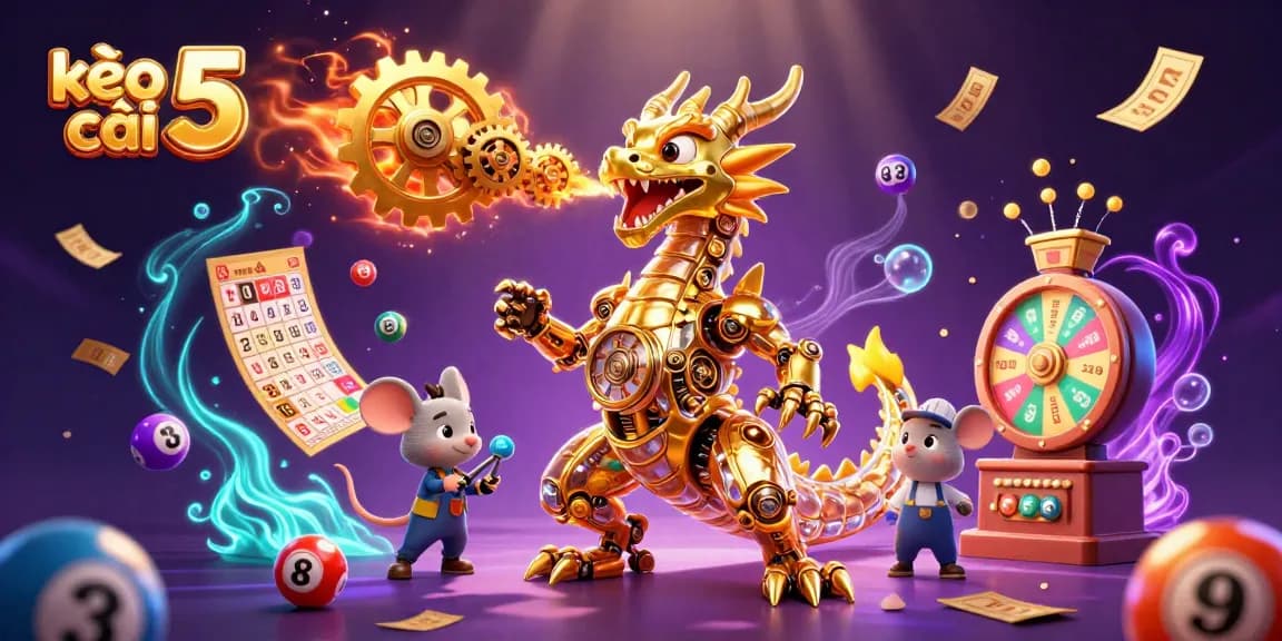 Engage with kèo nhà cái 5 through an exciting scene featuring a golden dragon and lottery elements.