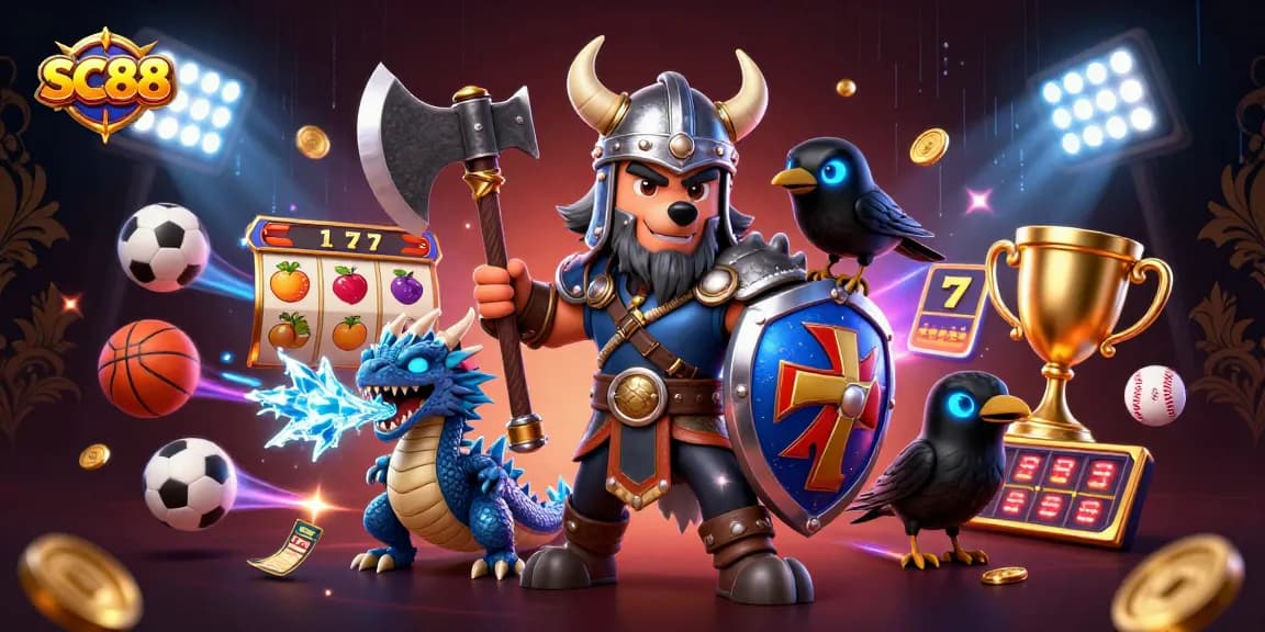 SC88 showcases a dynamic slot scene with a Viking wolf warrior and magical creatures.