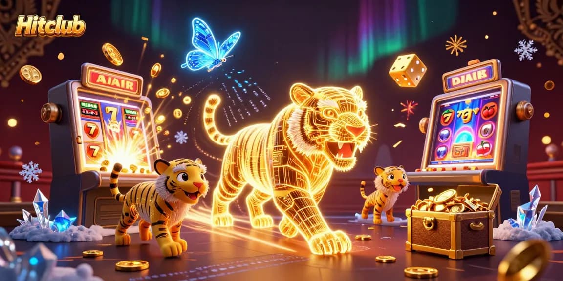 Hitclub offers a thrilling digital casino experience with a dazzling golden tiger interacting with vibrant slot games.