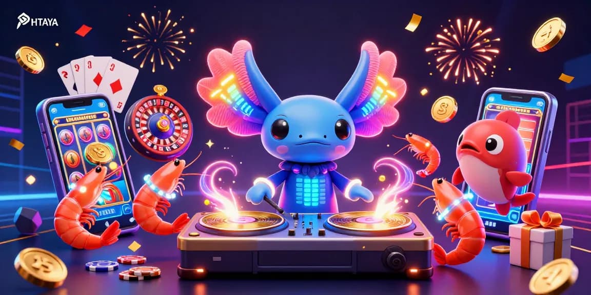 PHTAYA delivers vibrant gaming fun with a neon axolotl DJ spinning slots and festive underwater creatures.