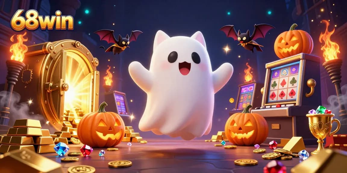 Experience thrilling gaming adventures with 68win, featuring a spooky cat and treasures in a vibrant casino.