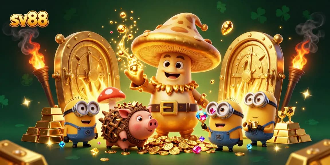 Engage in winning strategies with sv88's dazzling treasure-filled casino scene featuring magical characters and rich rewards.