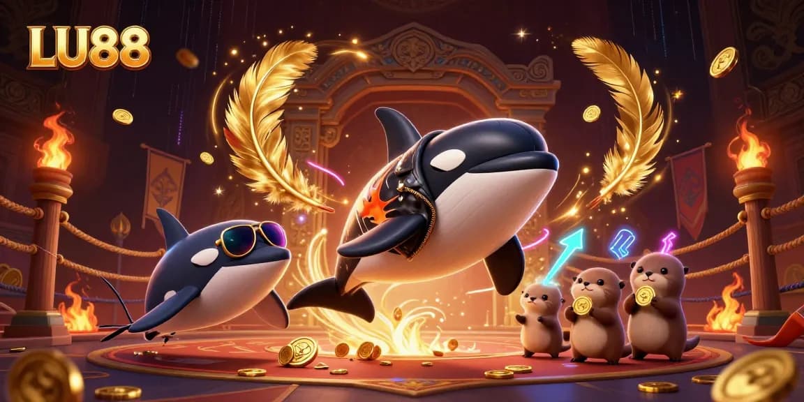 LU88 features an orca whale and otters in a vibrant casino scene with coins and gaming elements.