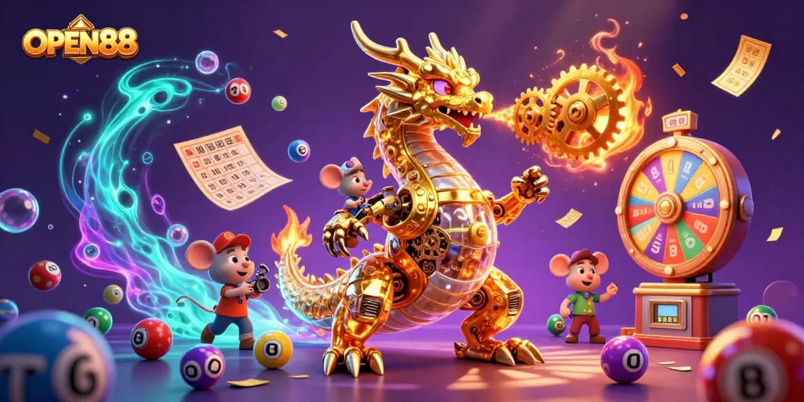 Experience thrilling games at OPEN88, with colorful lottery elements and a dazzling golden dragon.