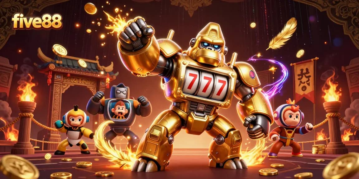 five88 action-packed scene featuring a golden gorilla mech with slot machine parts and coins bursting out