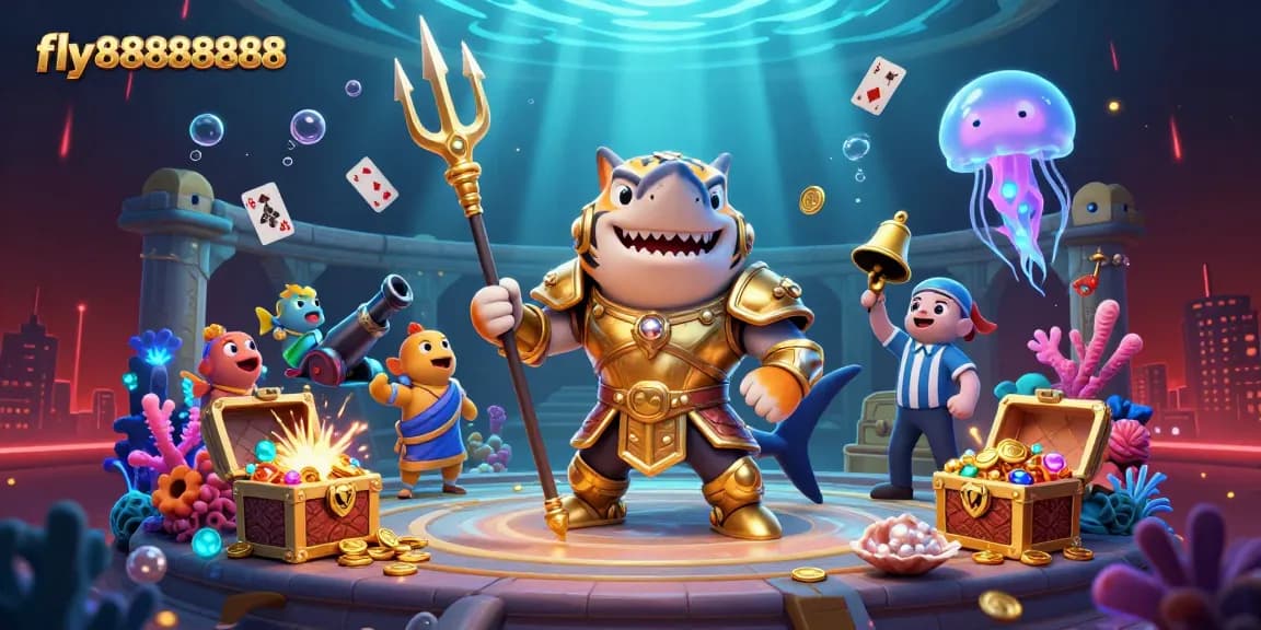 Experience thrilling gaming action at fly88888888 with a 3D underwater casino adventure featuring vibrant characters and golden treasures.