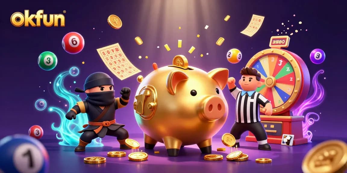Engage with the exciting world of okfun gaming as a golden piggy bank sumo wrestler celebrates big wins in a vibrant casino scene.