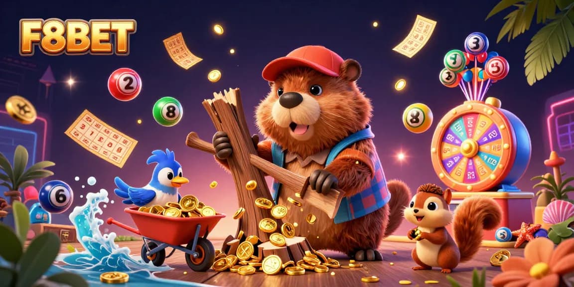 Engage with F8BET's animated scene featuring luck and fortune with vibrant gambling elements.