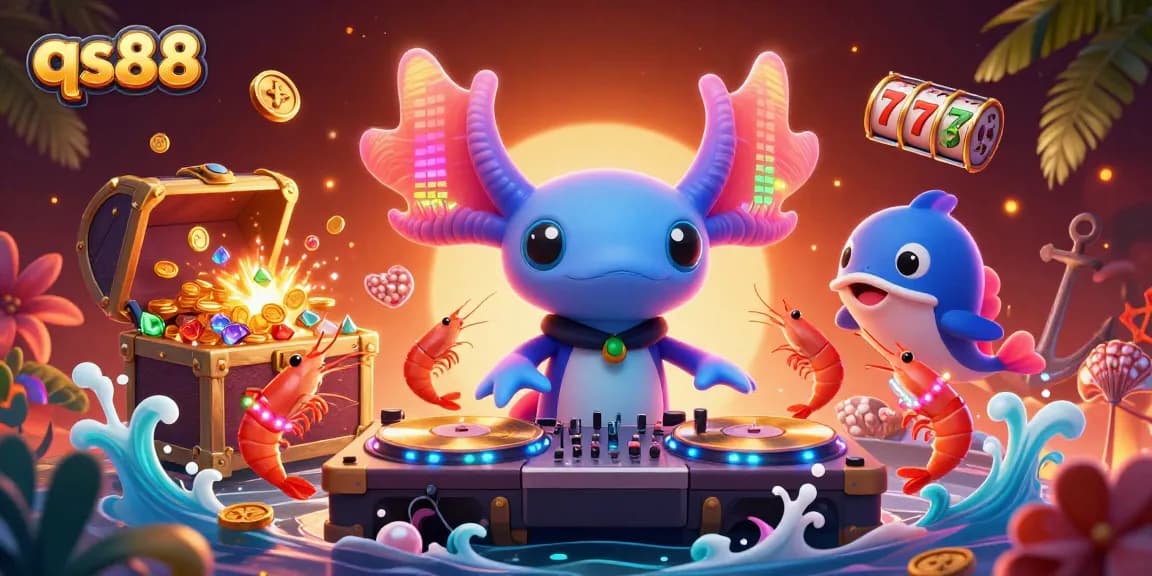 Experience the thrill of qs88 as an axolotl DJ spins records amidst riches and vibrant game elements.