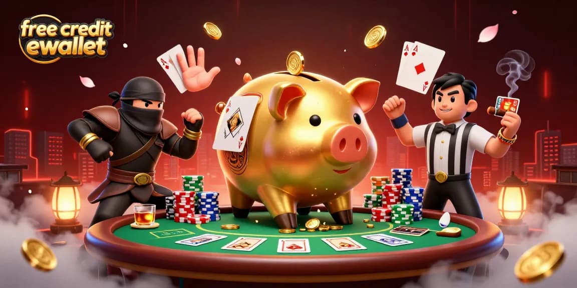 Exciting scene of the free credit ewallet gaming showdown with a golden piggy bank sumo wrestler and dynamic casino elements.