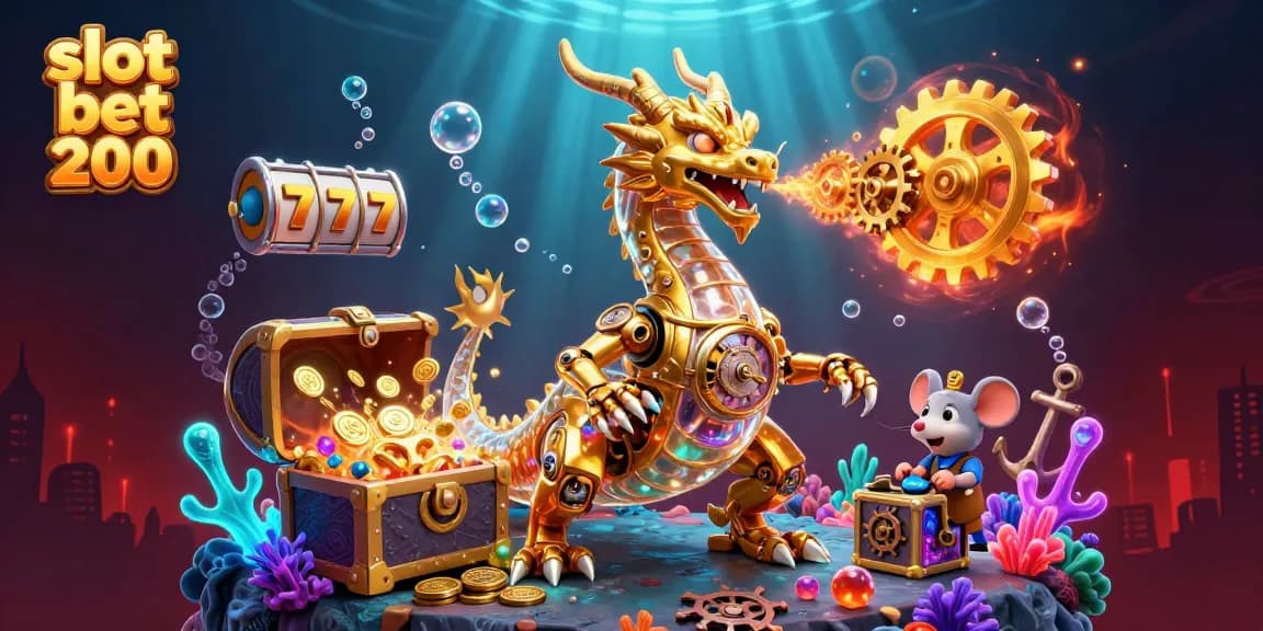 Slot bet 200 menampilkan naga emas bioteknologi di tengah harta karun dan elemen permainan.
