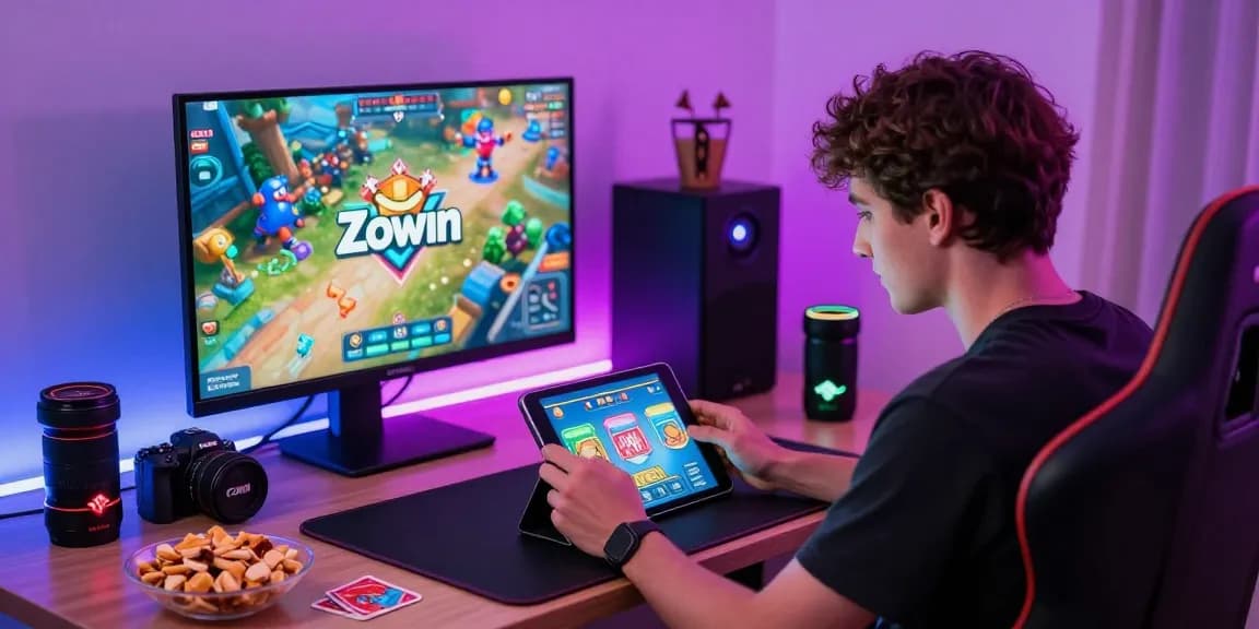 Gaming enthusiast enjoying Zowin games on a tablet while surrounded by vibrant decor and snacks at https://iros.gb.net/.
