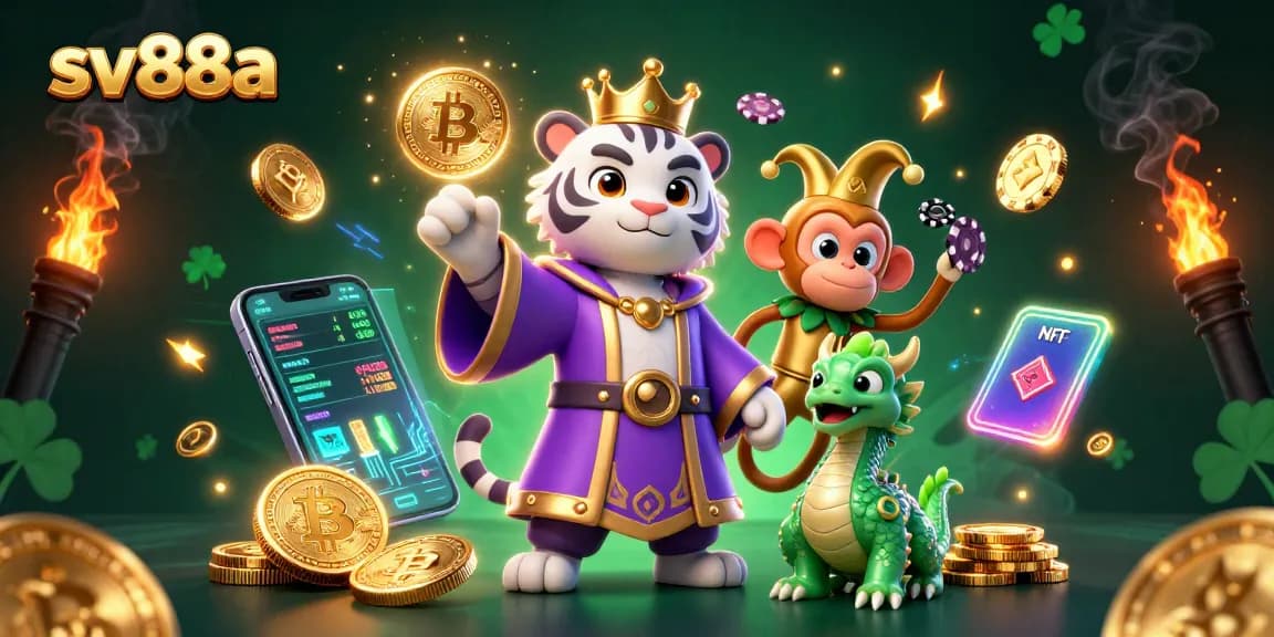 Experience winnings at sv88a with a vibrant illustration of casino elements and characters.