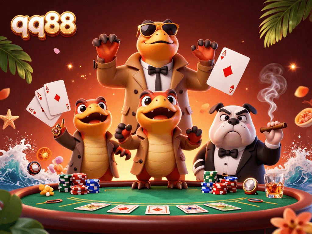 qq88 raptors hilariously attempting to enter a VIP casino lounge, with poker elements and a bouncer