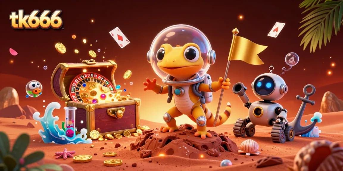 The Martian gecko at tk666 discovers a buried gold casino amid an exciting underwater scene.