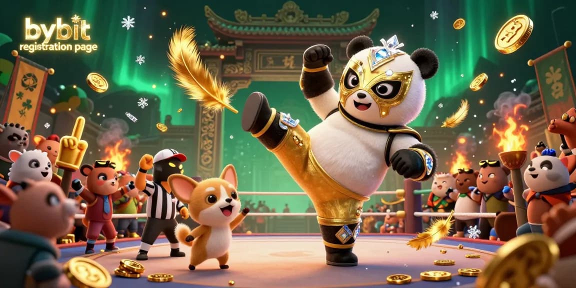 Action-packed scene showcasing the bybit registration page with a panda wrestler, chihuahua referee, and excited animal spectators.