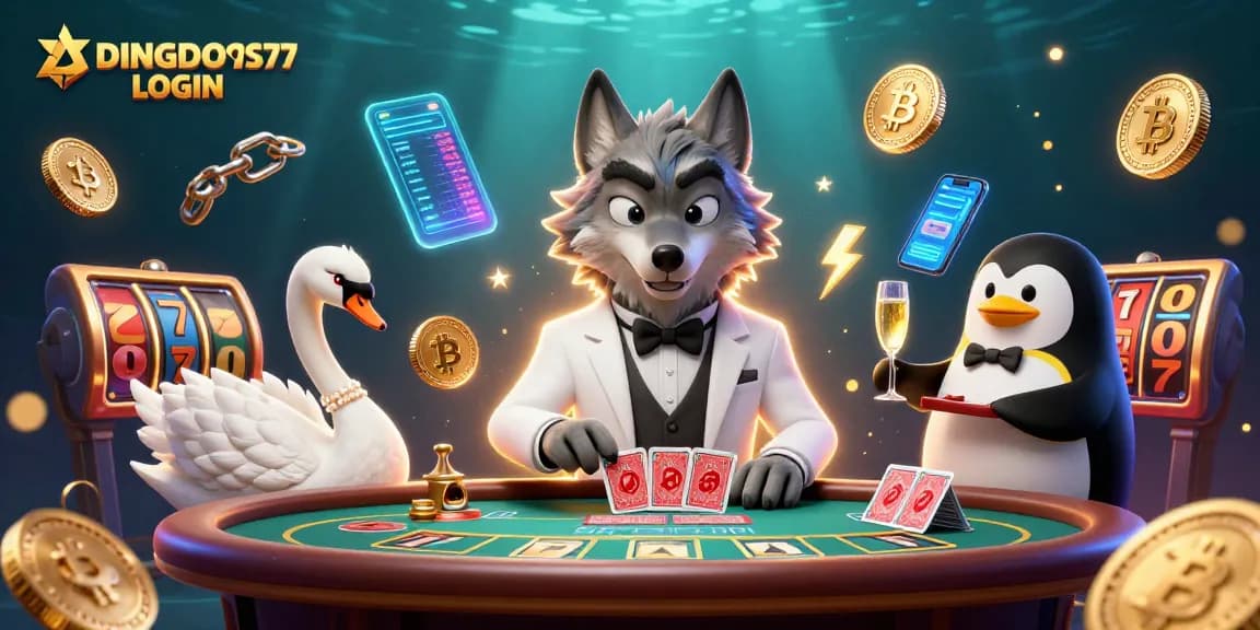 DINGDONG77 LOGIN showcases an engaging casino scene with animated characters at a baccarat table