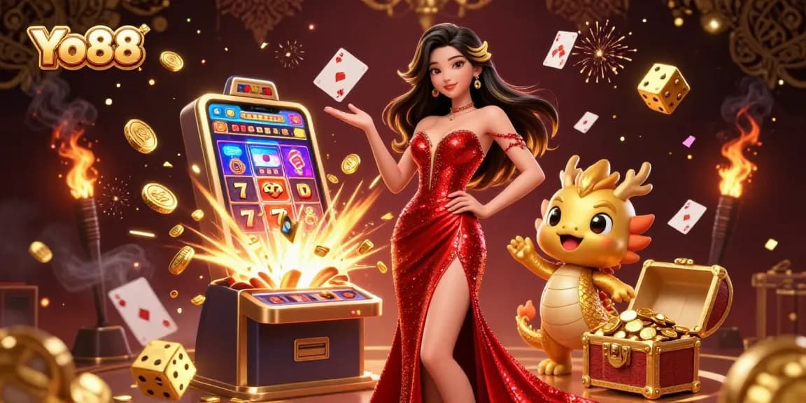 Spin the reels at Yo88, featuring an elegant Asian woman alongside a golden dragon, jackpot explosions, and vibrant casino elements.