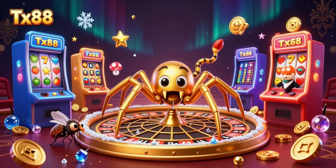 Experience thrilling gameplay with Tx88 as a golden spider spins its roulette web amid vibrant slot machines.