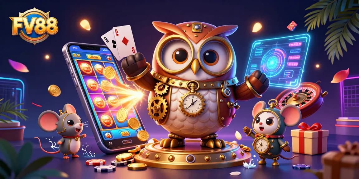 Experience thrilling gameplay at FV88 with the time-traveler owl and vibrant casino elements.