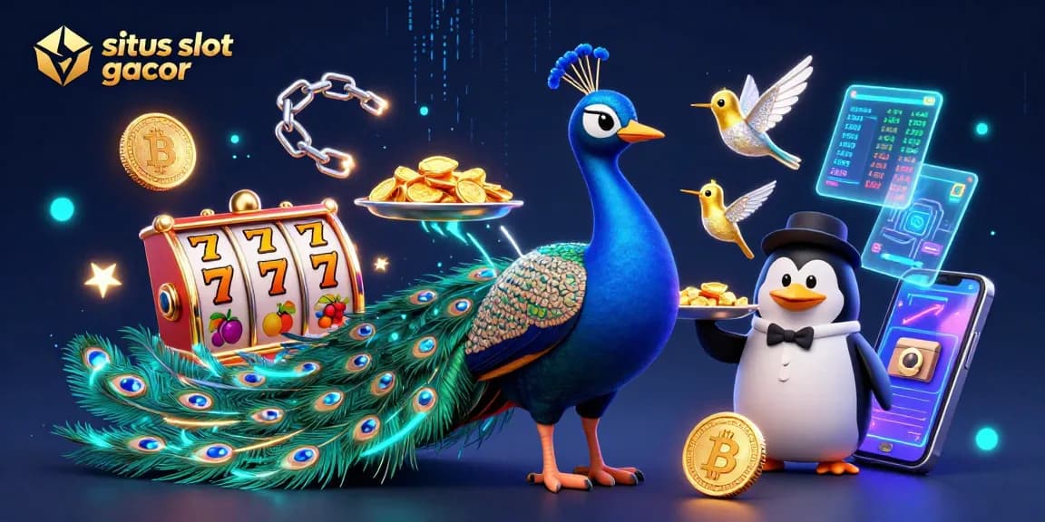 Menang di situs slot gacor dengan ilustrasi 3D kartun penuh warna dan elemen kasino.