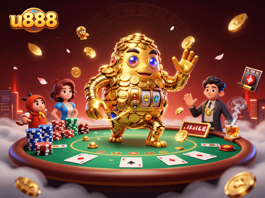 Experience the thrilling action of u888 with a dynamic golden golem and vibrant poker elements.