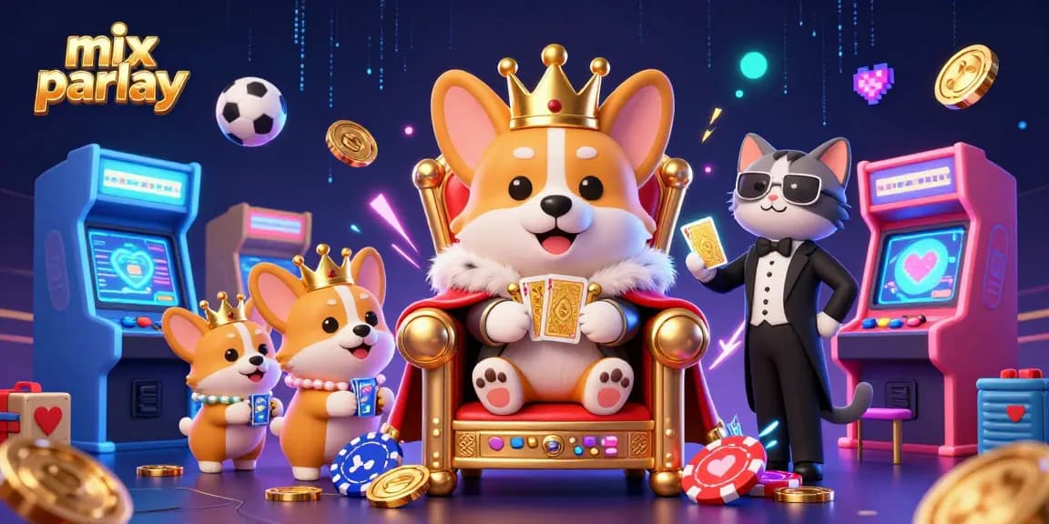 Betting with mix parlay through a colorful 3D sports betting illustration featuring a royal corgi.