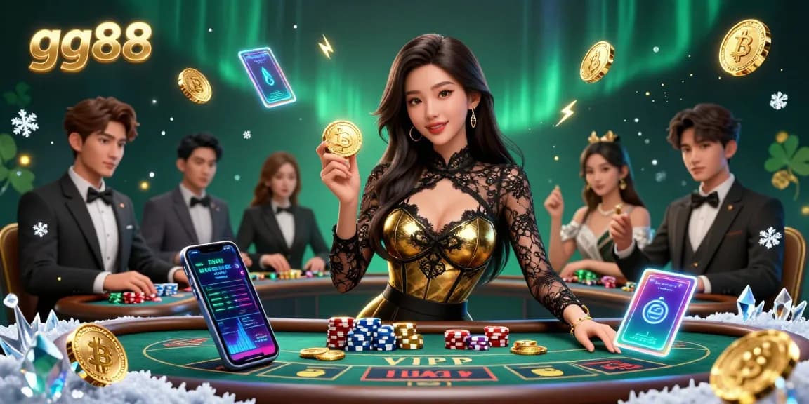 Experience high-stakes baccarat at gg88, featuring a glamorous woman with golden chips in a vivid casino setting.