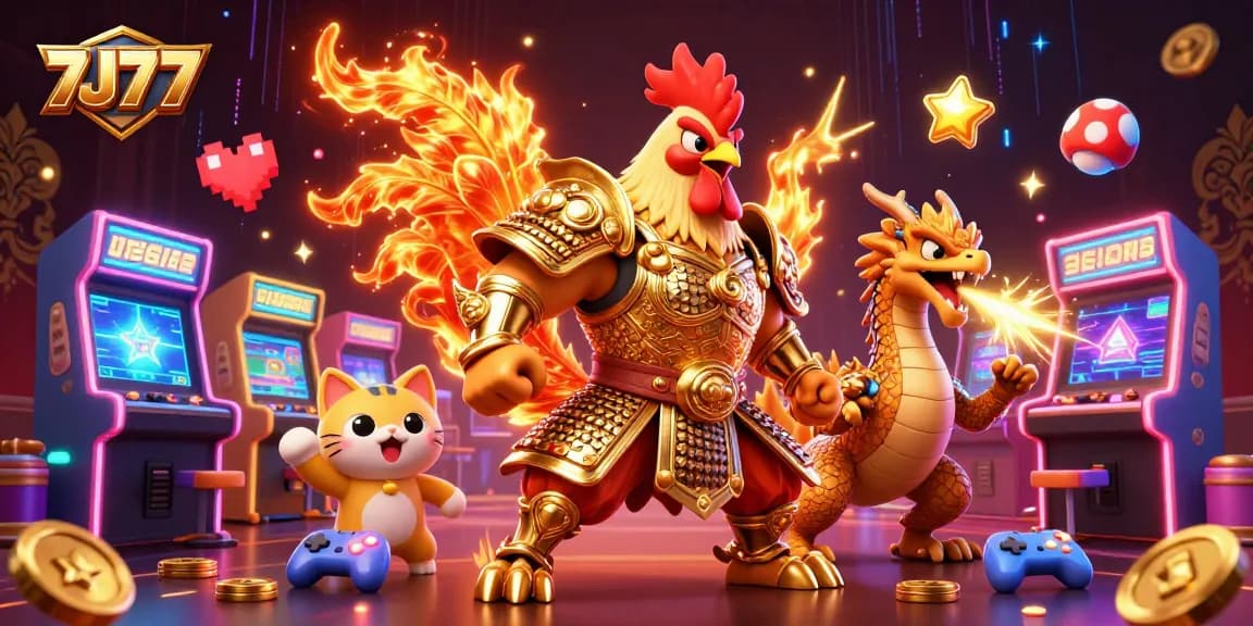 Experience the thrill of 7J77 with a vibrant illustration showing a powerful rooster warrior and dragon in a casino setting.