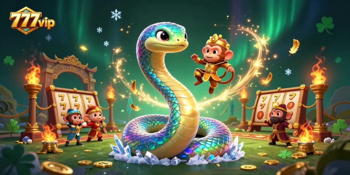 Engage with 777vip through a vibrant illustration of gameplay featuring a rainbow serpent and monkey king.