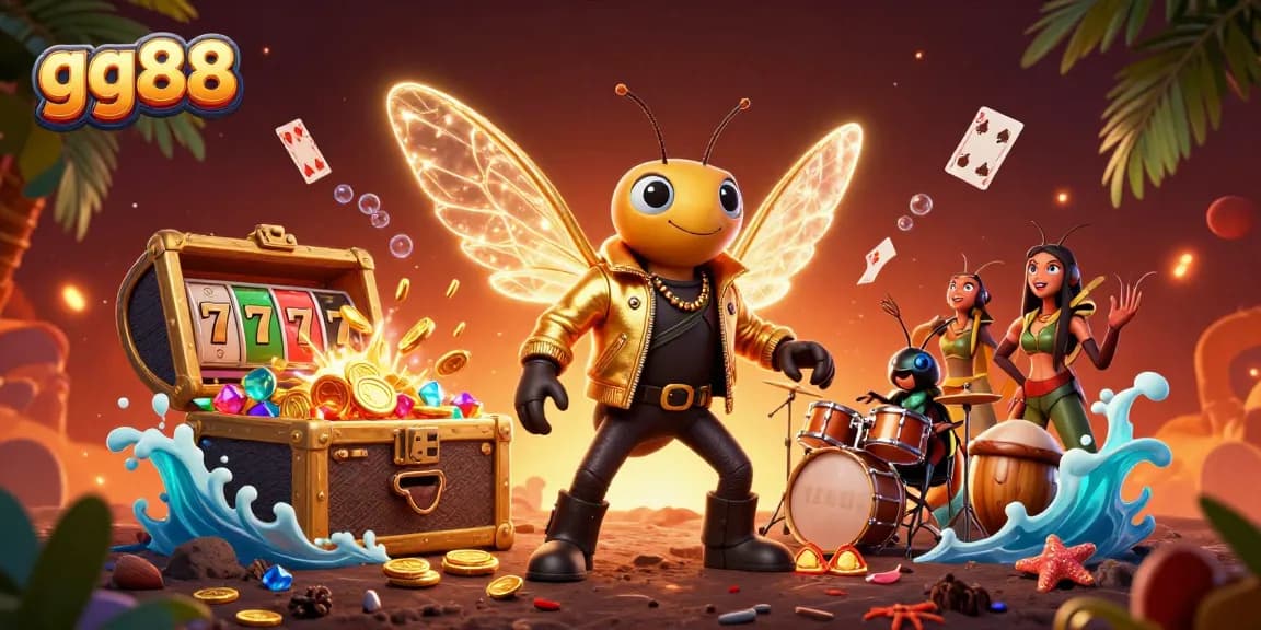 gg88 slots explosion with vibrant 3D characters and treasure in a dynamic casino setting