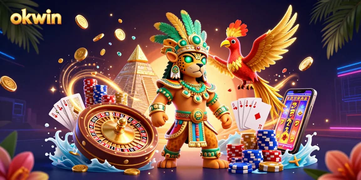 Explore exhilarating okwin experiences with a vibrant 3D casino scene amidst a colorful gaming environment.