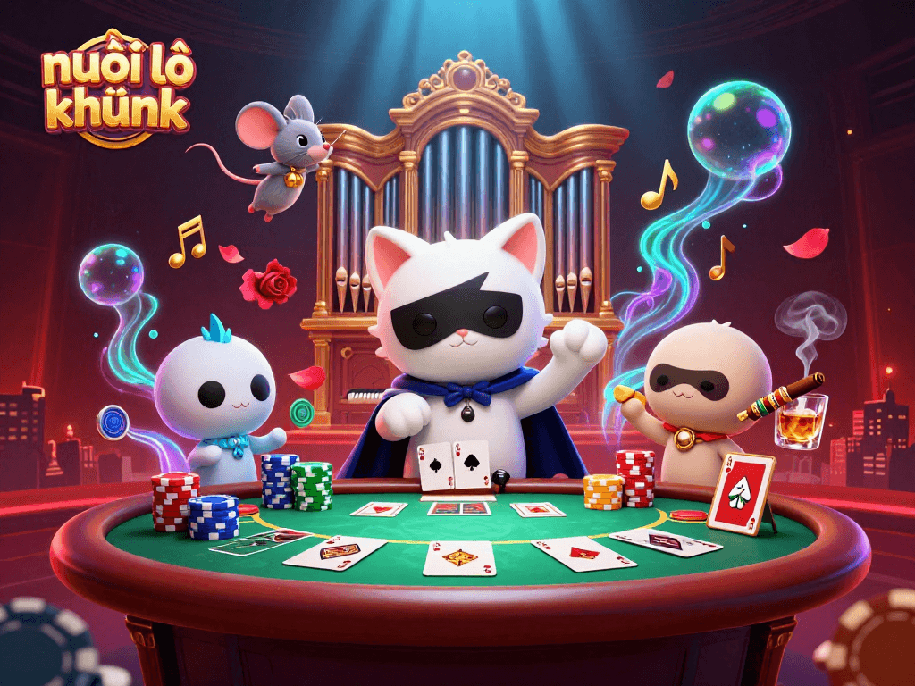 Experience nuôi lô khung with a vibrant casino scene full of dynamic animations and poker game elements.