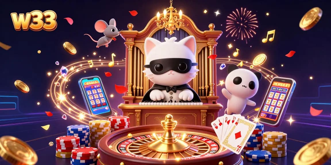 Experience w33 gaming magic with a captivating phantom cat and dynamic casino elements.