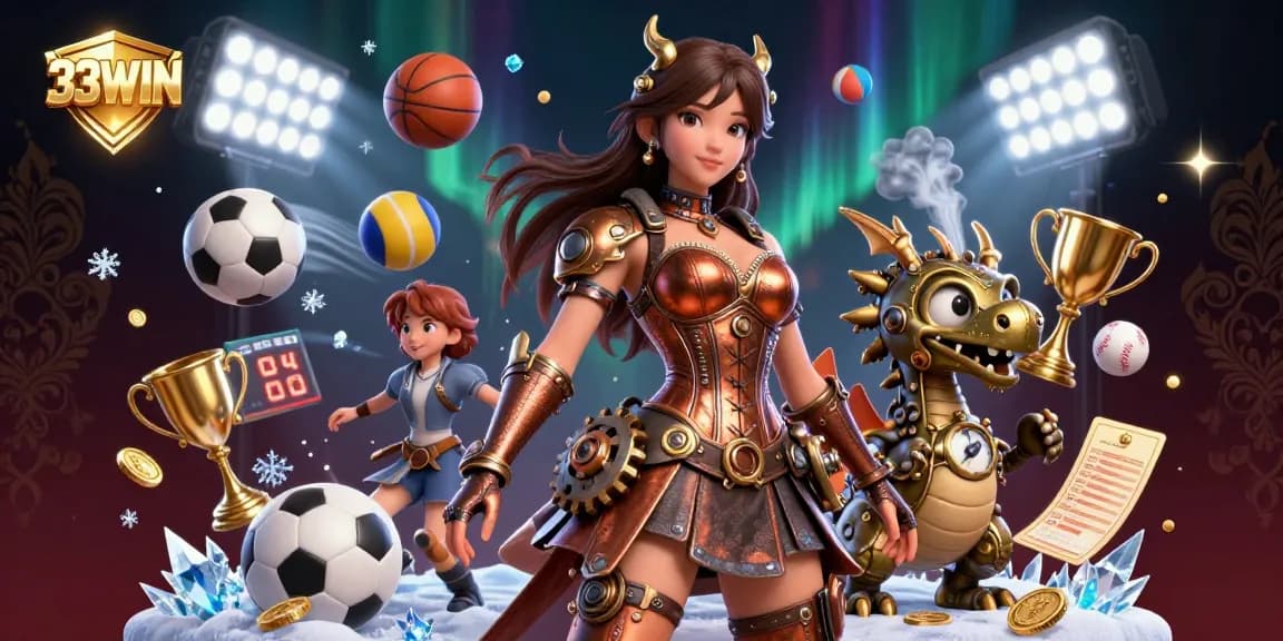Experience thrilling sports action with 33WIN in this vibrant 3D casino illustration featuring steampunk elements and gold rewards.