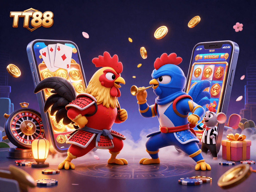 TT88 showcases twin fighting roosters in a casino showdown with immersive slot game elements.