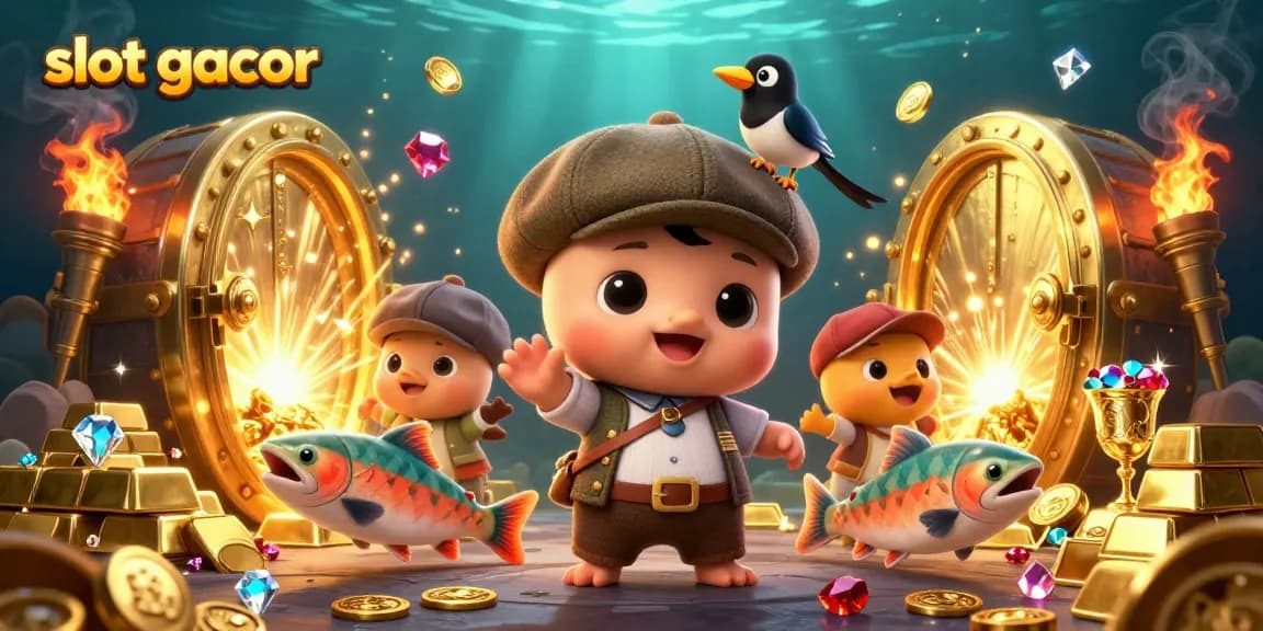Participate in thrilling slot gacor adventures with playful characters amid sparkling treasures.
