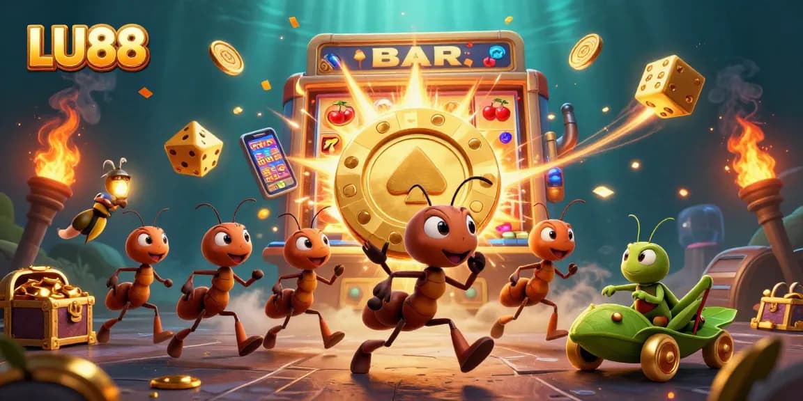 LU88: Ants executing a heist with a golden poker chip amidst casino excitement.