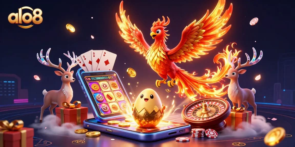 Experience the thrills of alo8 with soaring phoenix and vibrant gaming elements in this dynamic 3D illustration.